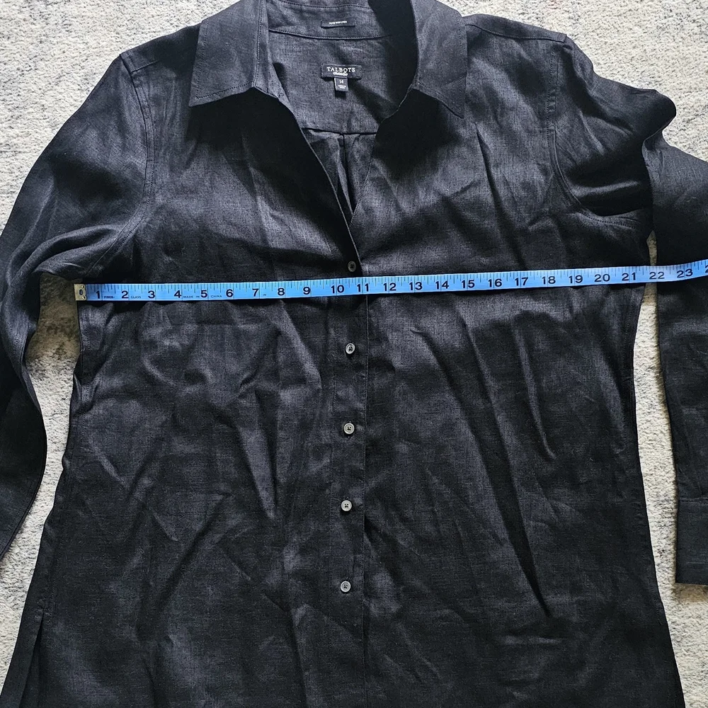Talbots Women's Top Blouse Size 14 Irish Linen Solid Black Button Up 3/4 Sleeves - Picture 4 of 5